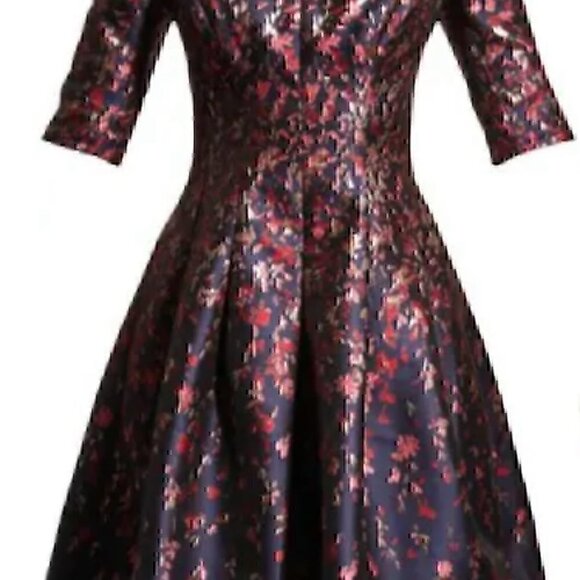 Teri Jon Blue Jacquard Floral Print Box Pleat Fit n Flair  Size4   Navy Multi - Picture 2 of 12